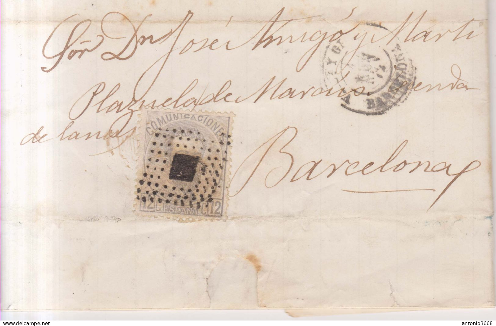 Año 1872 Edifil 122 Carta   Matasellos Rombo Villanueva Y La Geltru Barcelona - Briefe U. Dokumente