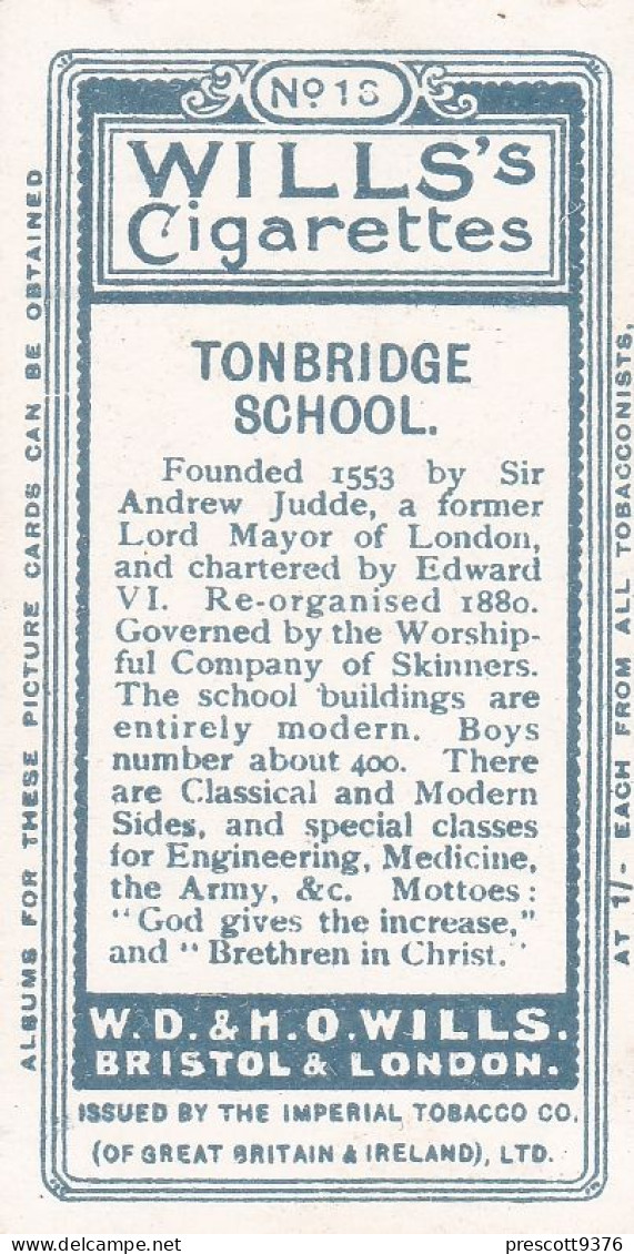 18 Tonbridge School  - School Arms 1906 - Wills Cigarette Card - Original  Antique Card - Wills