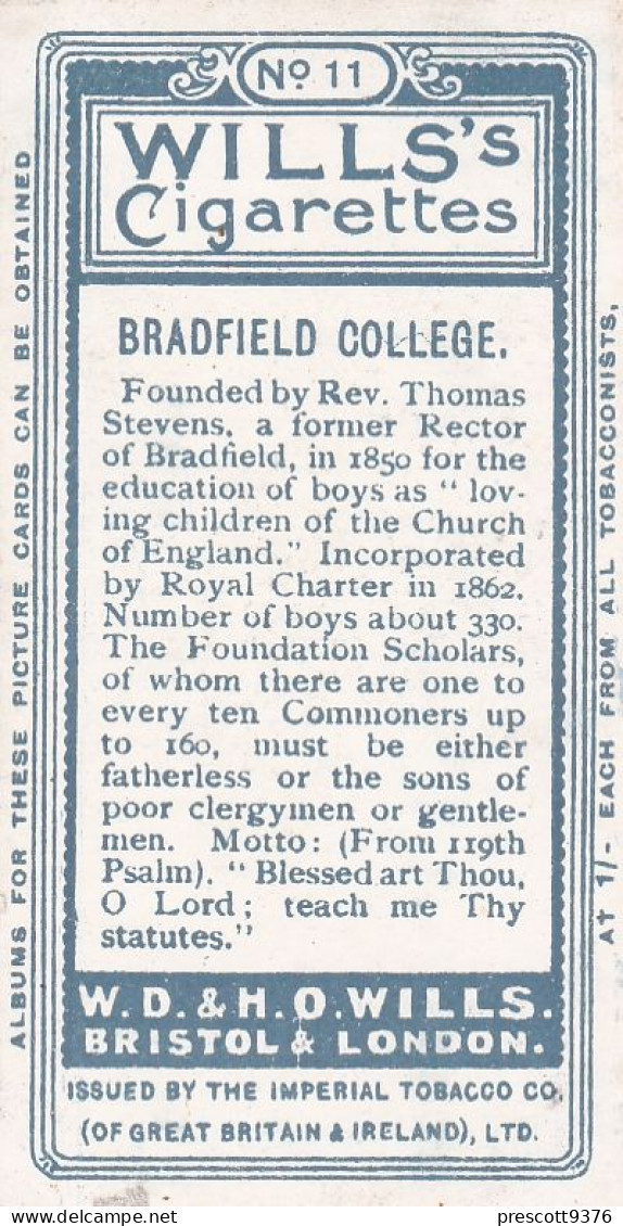 11 Bradfield College  - School Arms 1906 - Wills Cigarette Card - Original  Antique Card - Wills
