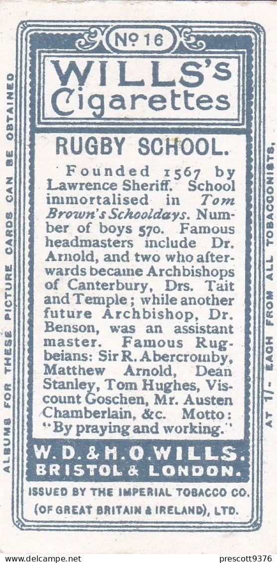 16 Rugby School  - School Arms 1906 - Wills Cigarette Card - Original  Antique Card - Wills