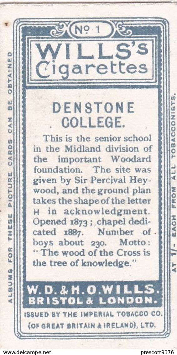 1 Denstone  College  - School Arms 1906 - Wills Cigarette Card - Original  Antique Card - Wills