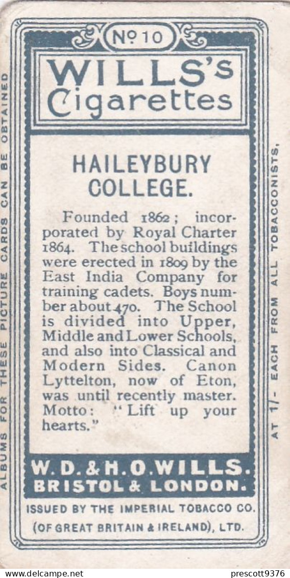 10 Haileybury  College  - School Arms 1906 - Wills Cigarette Card - Original  Antique Card - Wills