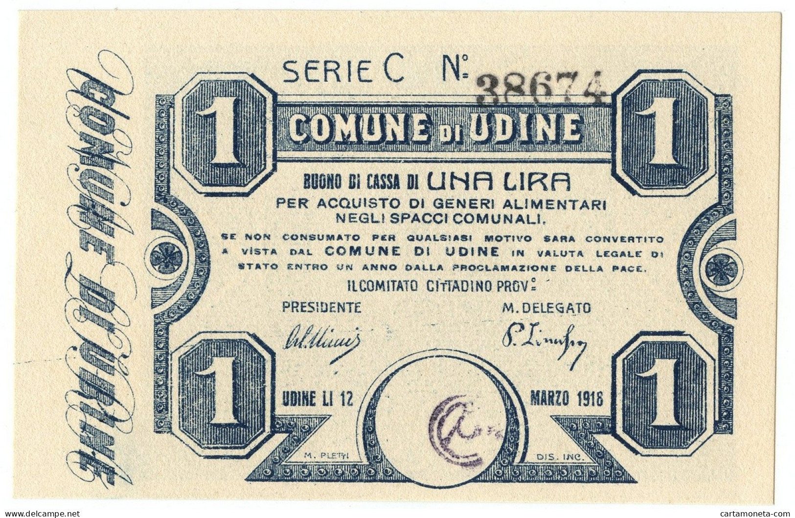 1 LIRA BUONO DI CASSA COMUNE DI UDINE WWI 12/03/1918 QFDS - Other & Unclassified