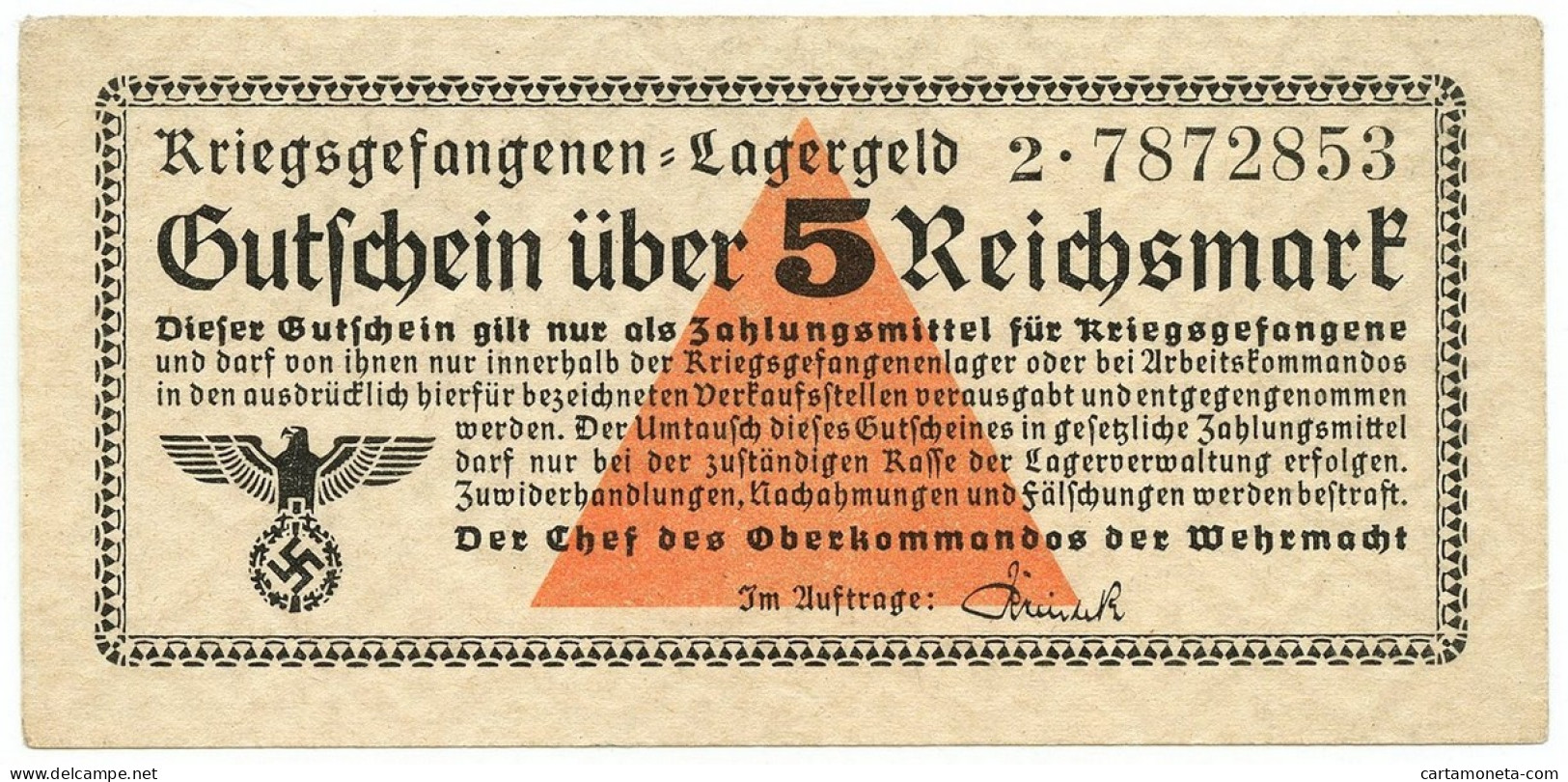 5 REICHSMARK PRIGIONIERI DI GUERRA WWII GERMANIA LAGERGELD 1939-1945 QSPL - Autres & Non Classés