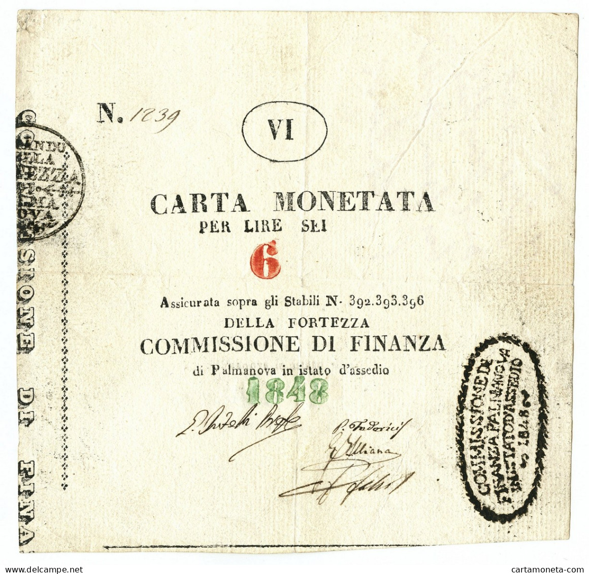 6 LIRE ASSEDIO DI PALMANOVA CARTA MONETATA 1848 BB- - Andere & Zonder Classificatie