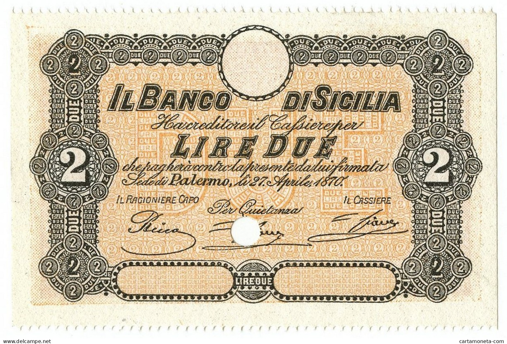 2 LIRE CAMPIONE SPECIMEN BANCO DI SICILIA FEDE DI CREDITO 27/04/1870 QFDS - Sonstige & Ohne Zuordnung