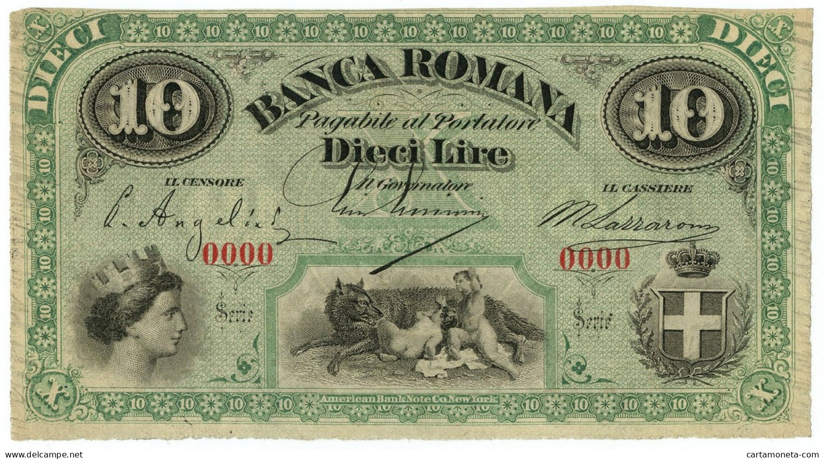 10 LIRE CAMPIONE SPECIMEN BANCA ROMANA REGNO D'ITALIA 1872 FDS - Sonstige & Ohne Zuordnung