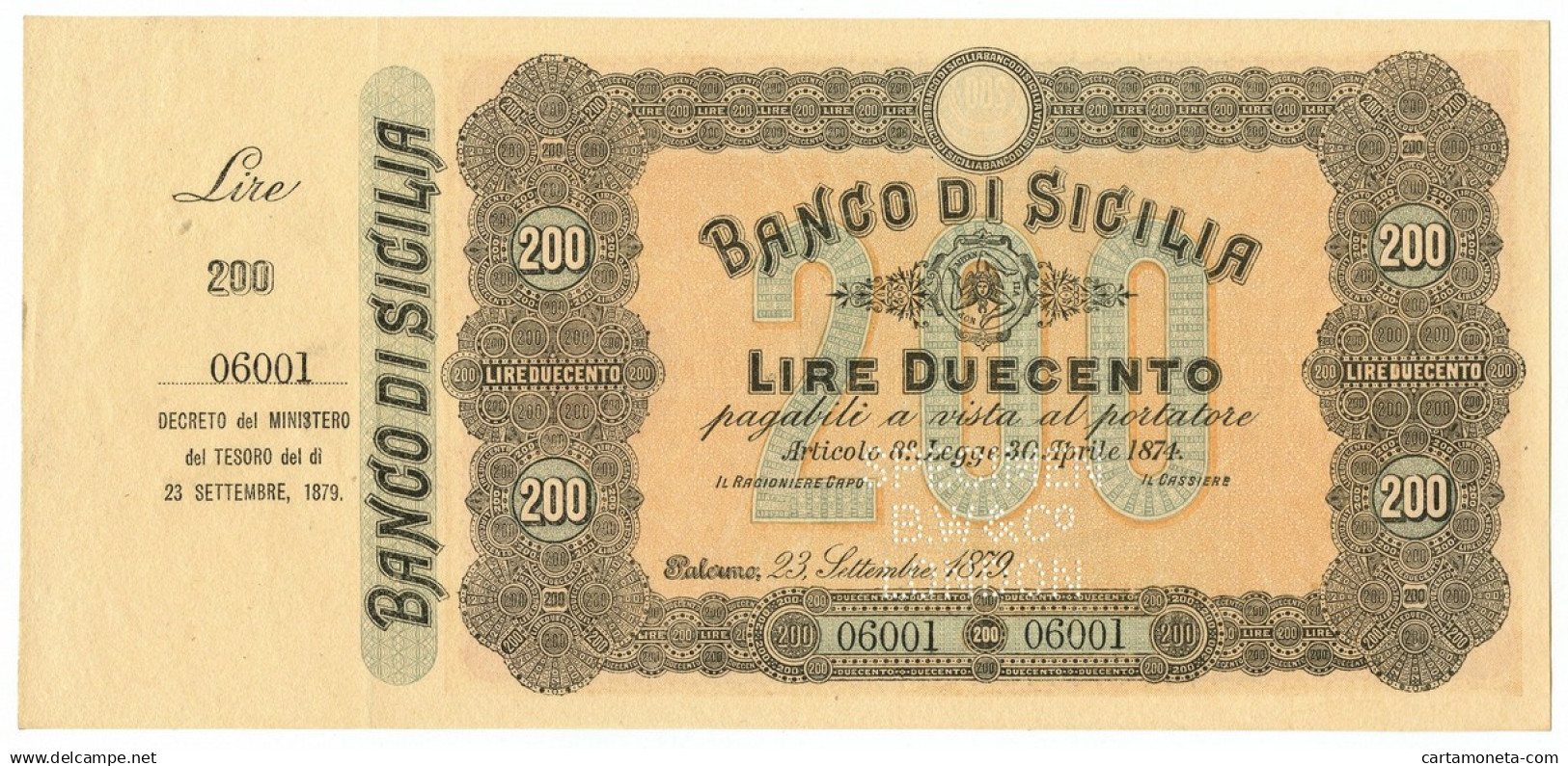 200 LIRE CAMPIONE CON MATRICE SPECIMEN BANCO SICILIA BIGL AL PORTATORE 1879 SUP- - Autres & Non Classés