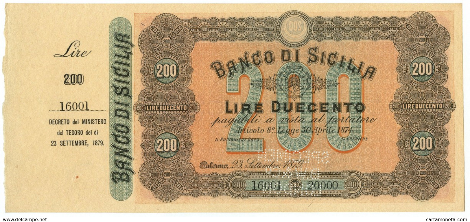 200 LIRE CAMPIONE SPECIMEN  CON MATRICE BANCO DI SICILIA PORTATORE 1879 FDS-/FDS - Other & Unclassified