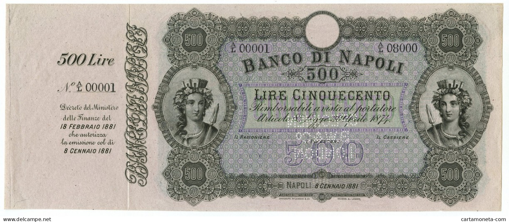500 LIRE CAMPIONE CON MATRICE BANCO DI NAPOLI B. AL PORTATORE 08/01/1881 SUP- - Sonstige & Ohne Zuordnung