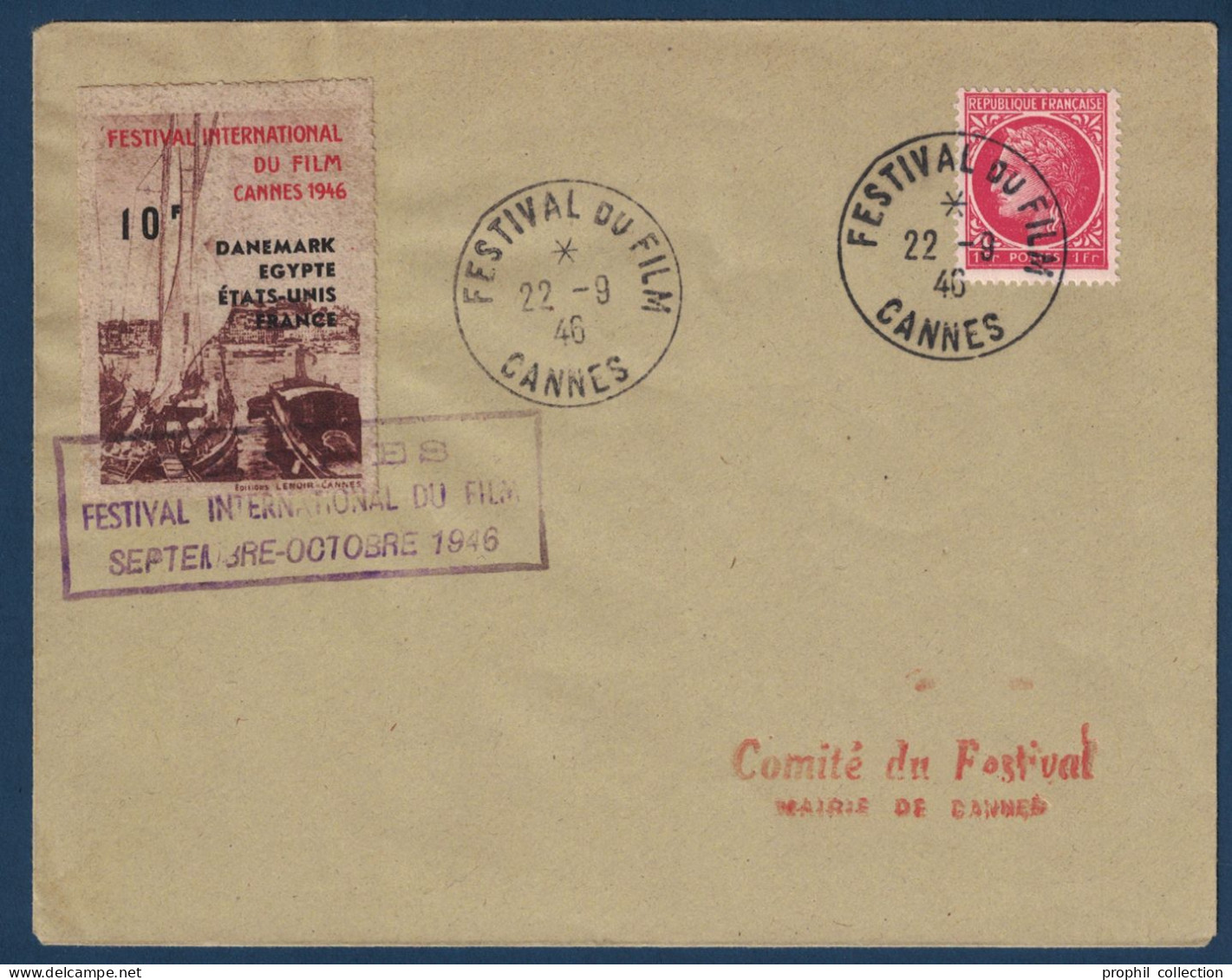 VIGNETTE FESTIVAL INTERNATIONAL DU FILM CANNES 1946 Sur LETTRE CACHET Avec CAD CONCORDANT + GRIFFE COMMEMORATIVE - Luchtvaart