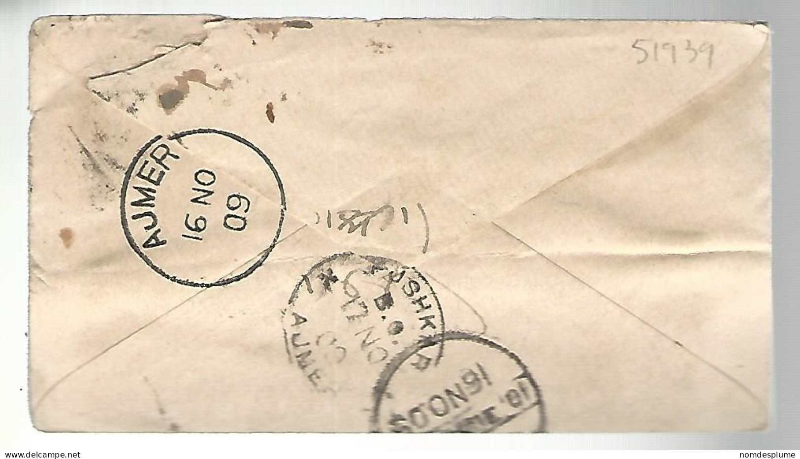 51939 ) Cover India Postmark Ajmer 1909 - Briefe
