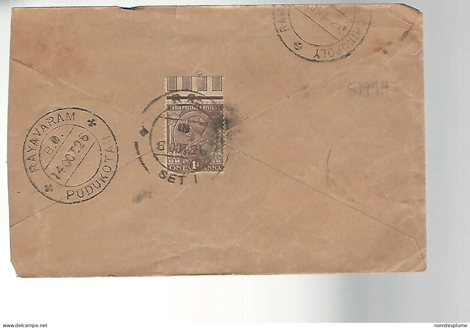 51944) Cover India Postmark Rayavaram Pudukotah Chinopoly 1926 - Enveloppes