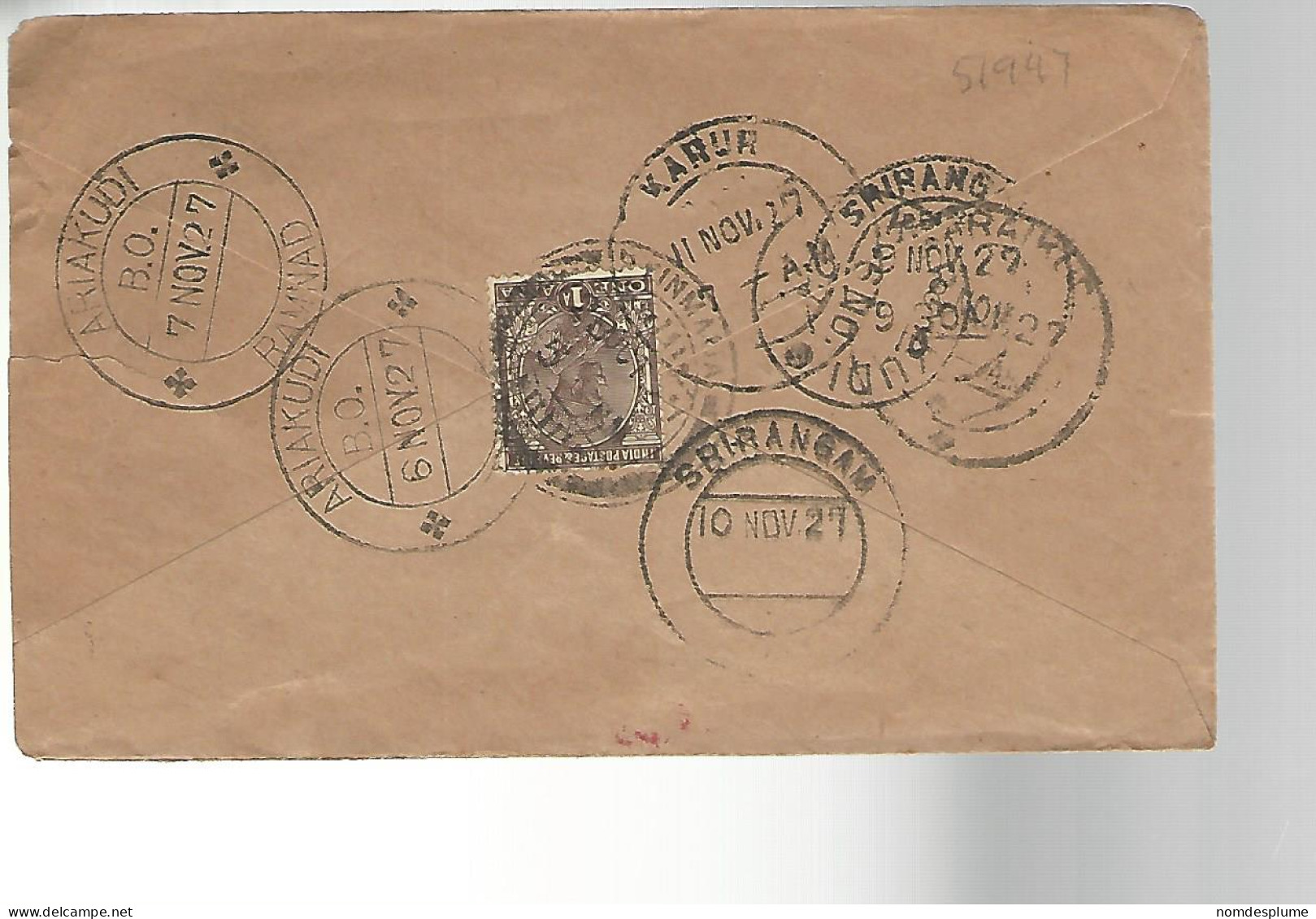 51947 ) Cover India Postmark  Ariakudi Srirangam 1927 - Omslagen