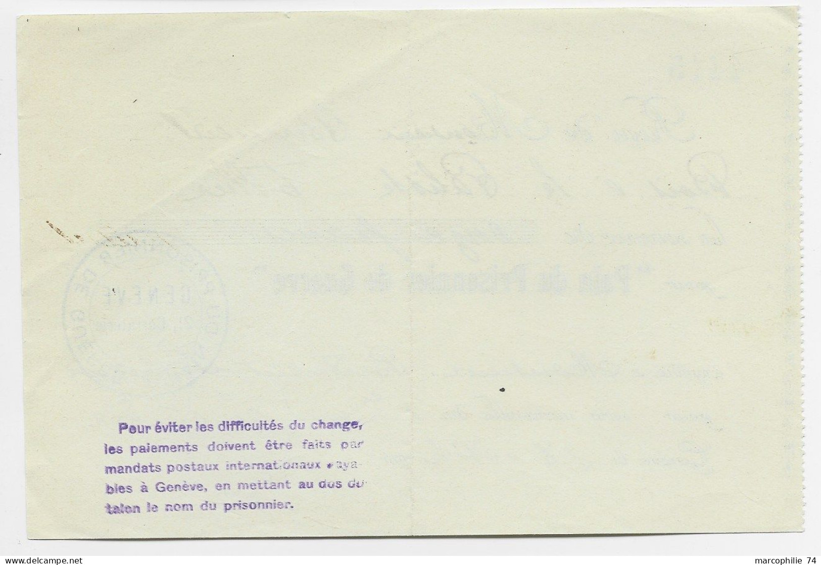 HELVETIA SUISSE RECU DU PRISONNIER DE GUERRE 28 OCT 1915 + CACHET PAIN DE GUERRE GENEVE - Postmarks