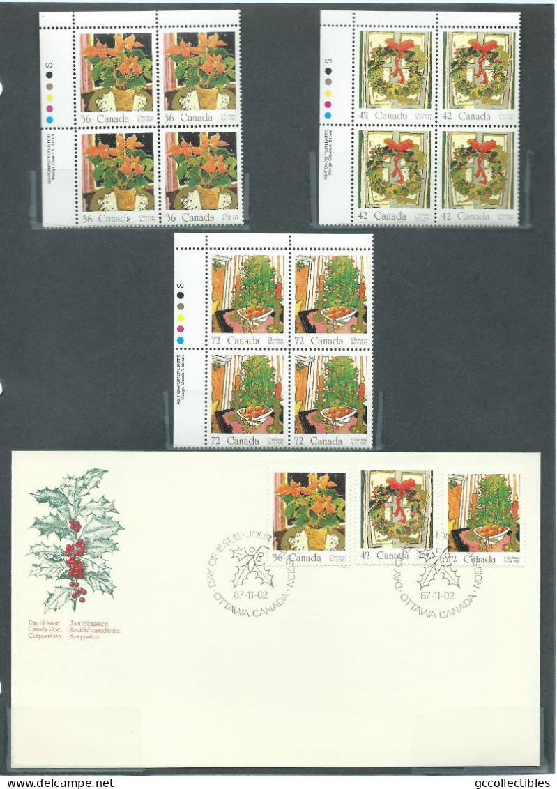 Canada # 1148-1149-1150 UL. PB. MNH + Combo FDC - Christmas 1987 - Blocks & Sheetlets