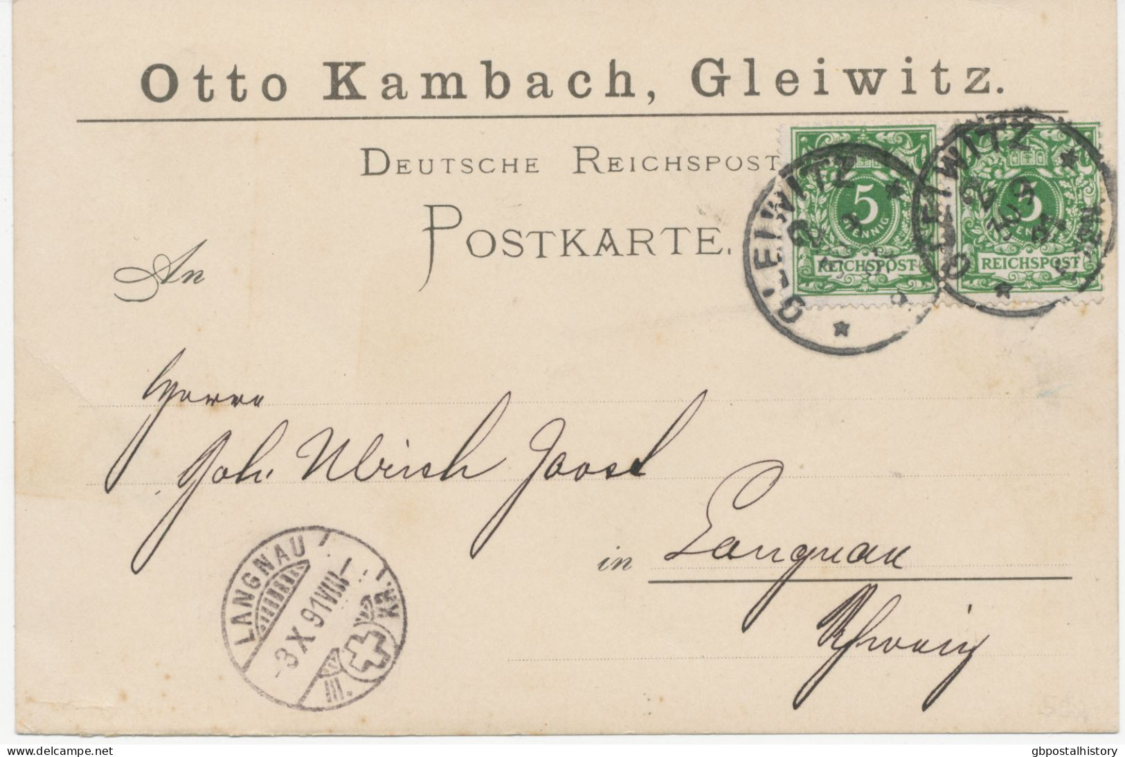 DEUTSCHES REICH 1891 5 Pf Krone MeF Auf Pra.-Postkarte Von GLEIWITZ 2 (jetzt GLIWICE, Schlesien, Polen) Nach LANGNAU, CH - Storia Postale