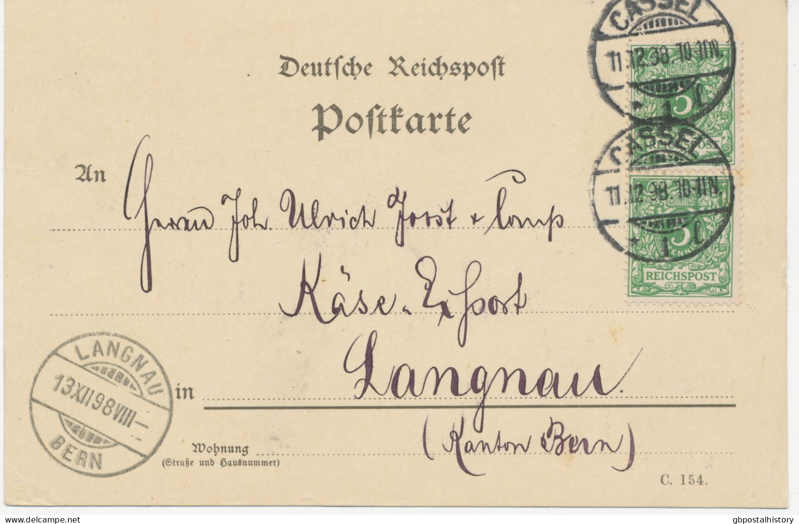 DEUTSCHES REICH 1898 5 Pf Krone MeF Auf Kab.-Postkarte Von CASSEL 1 (KASSEL) Nach LANGNAU, Schweiz - Briefe U. Dokumente