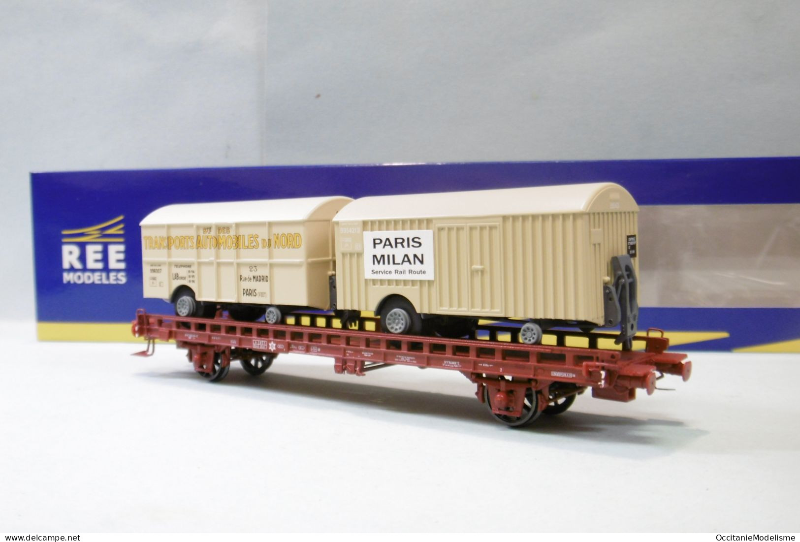 REE - WAGON UFR Biporteur Automobiles Nord + Paris-Milan SNCF Ep. IV Réf. WB-643 Neuf NBO HO 1/87 - Goods Waggons (wagons)