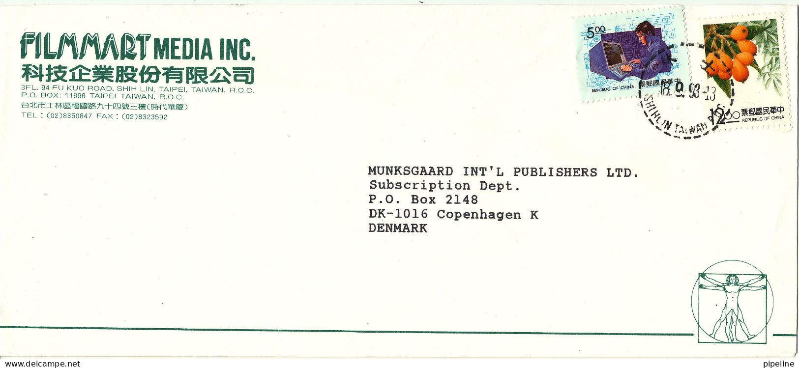 Taiwan Air Mail Cover Sent To Denmark 18-9-1993 Topic Stamps - Lettres & Documents