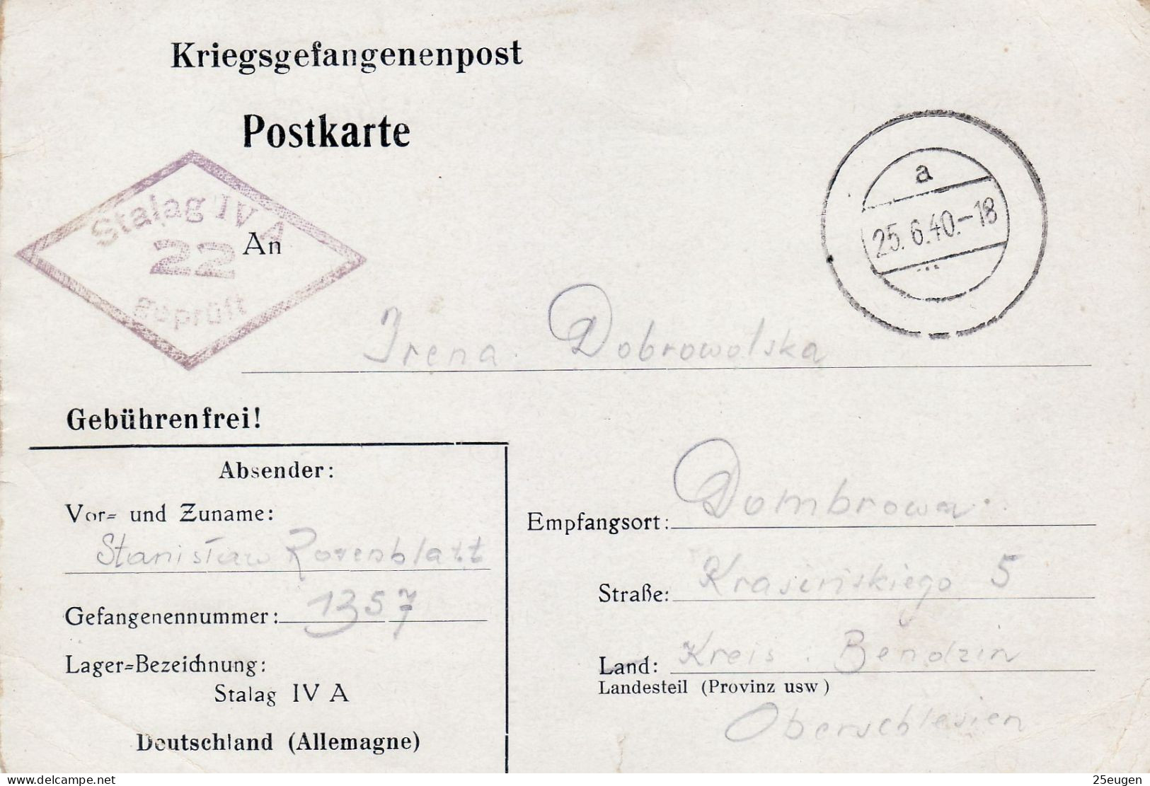 PRISONERS OF WAR MAIL 1940 POSTCARD SENT FROM STALAG IV A  TO DOMBROWA - Prisoner Camps