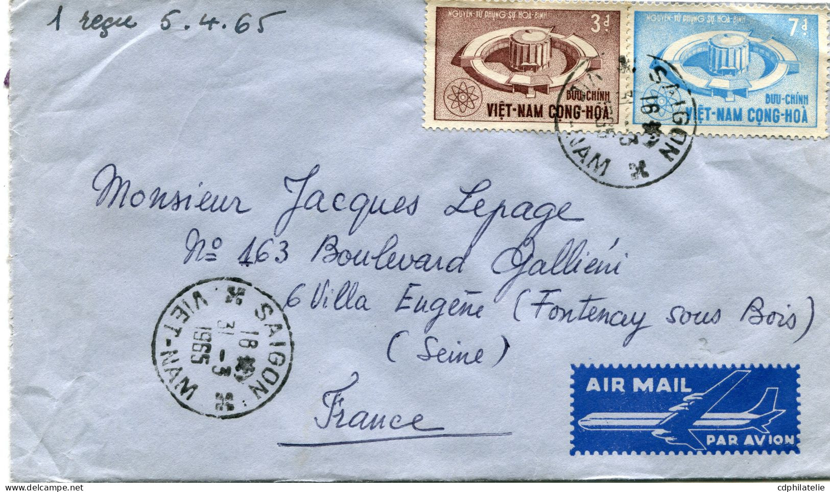 VIET NAM LETTRE PAR AVION DEPART SAIGON 31-3-1965 VIETNAM POUR LA FRANCE - Viêt-Nam