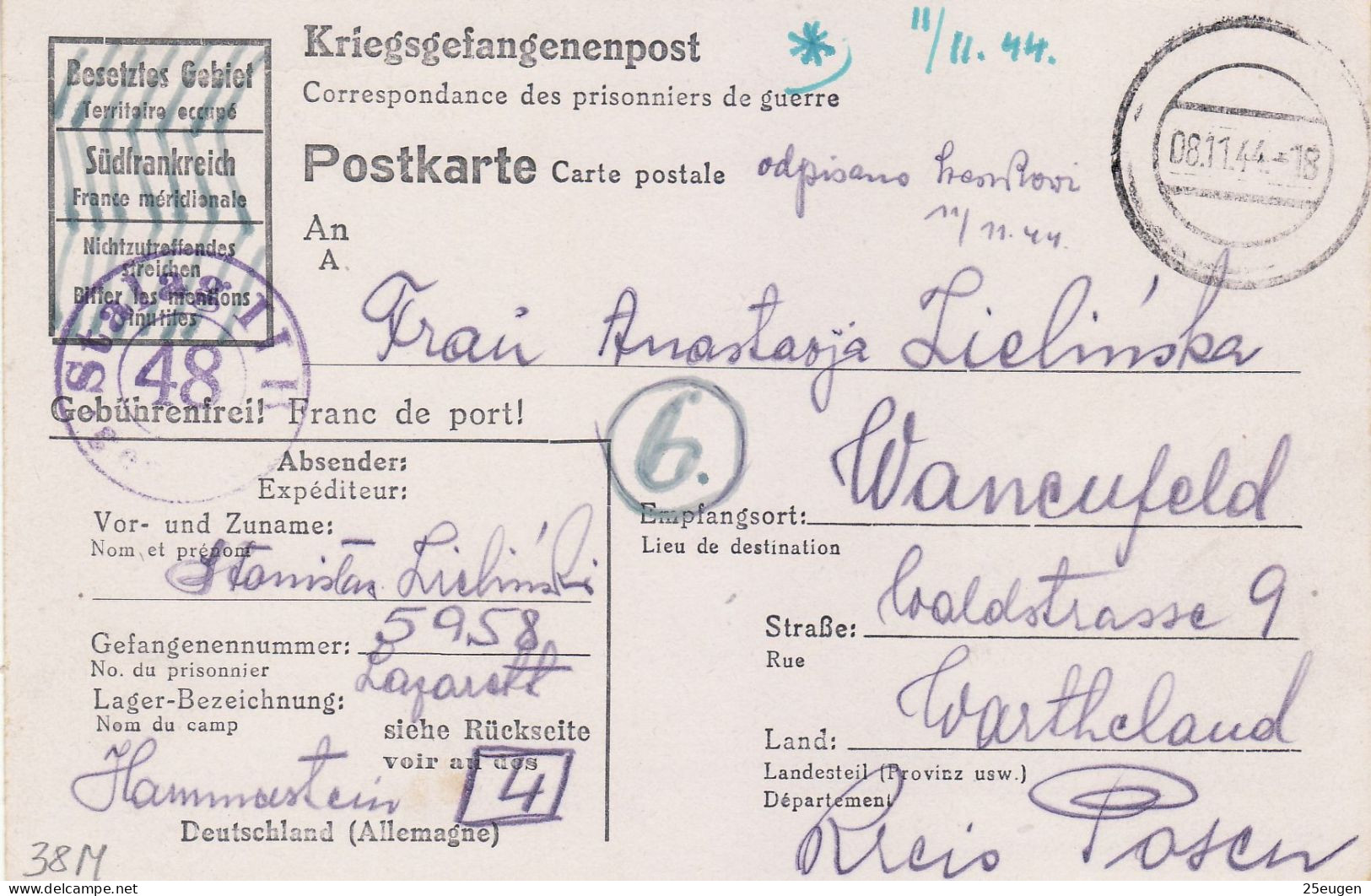 PRISONERS OF WAR MAIL 1944 POSTCARD SENT FROM STALAG II H  TO DOPIEWO / WANENFELD/ - Gevangenkampen