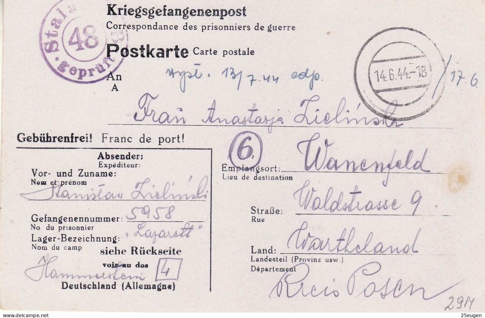 PRISONERS OF WAR MAIL 1944 POSTCARD SENT FROM STALAG II H  TO DOPIEWO / WANENFELD/ - Campo De Prisioneros