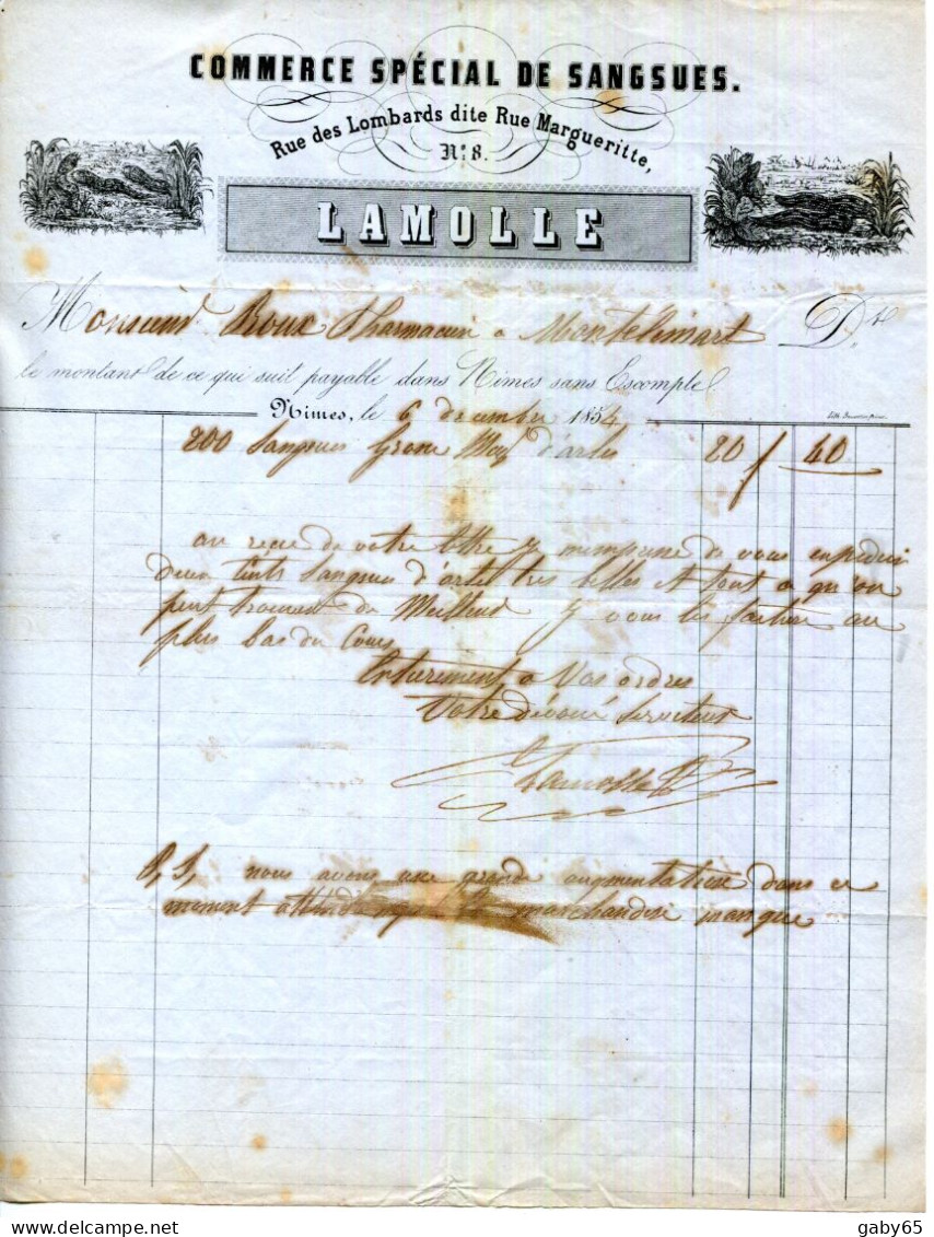 FACTURE.30.GARD.NIMES.COMMERCE SPECIAL DE SANGSUES.LAMOLLE 8 RUE DES LOMBARDS.POUR M.ROUX MONTELIMAR.1854. - Drogerie & Parfümerie