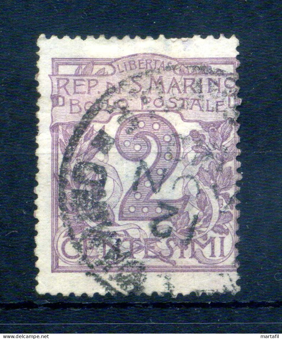 1903 SAN MARINO N.34 2 CENTESIMI Violetto Bruno USATO - Oblitérés