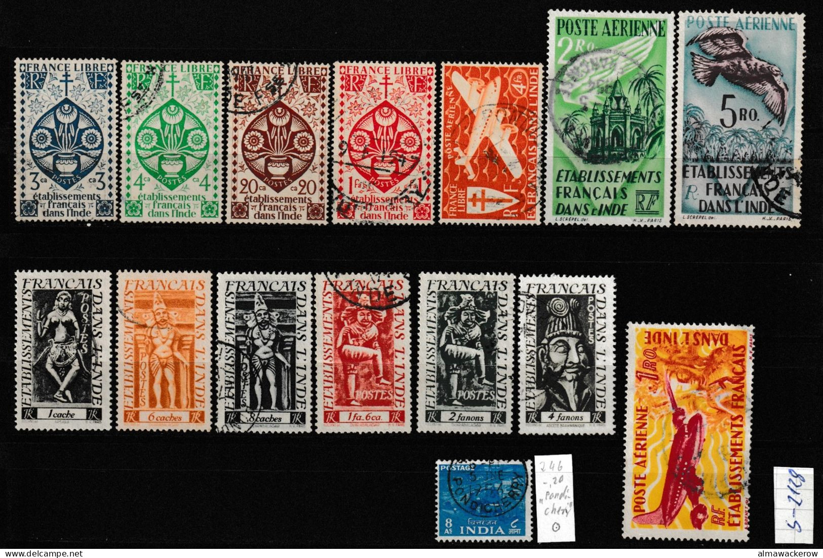 Inde Francaise 1942-1949 Lot Incluant Yv A18-A20 Et Timbre De L'Inde Avec Oblitération "Pondichery" Oblitéré O - Used Stamps