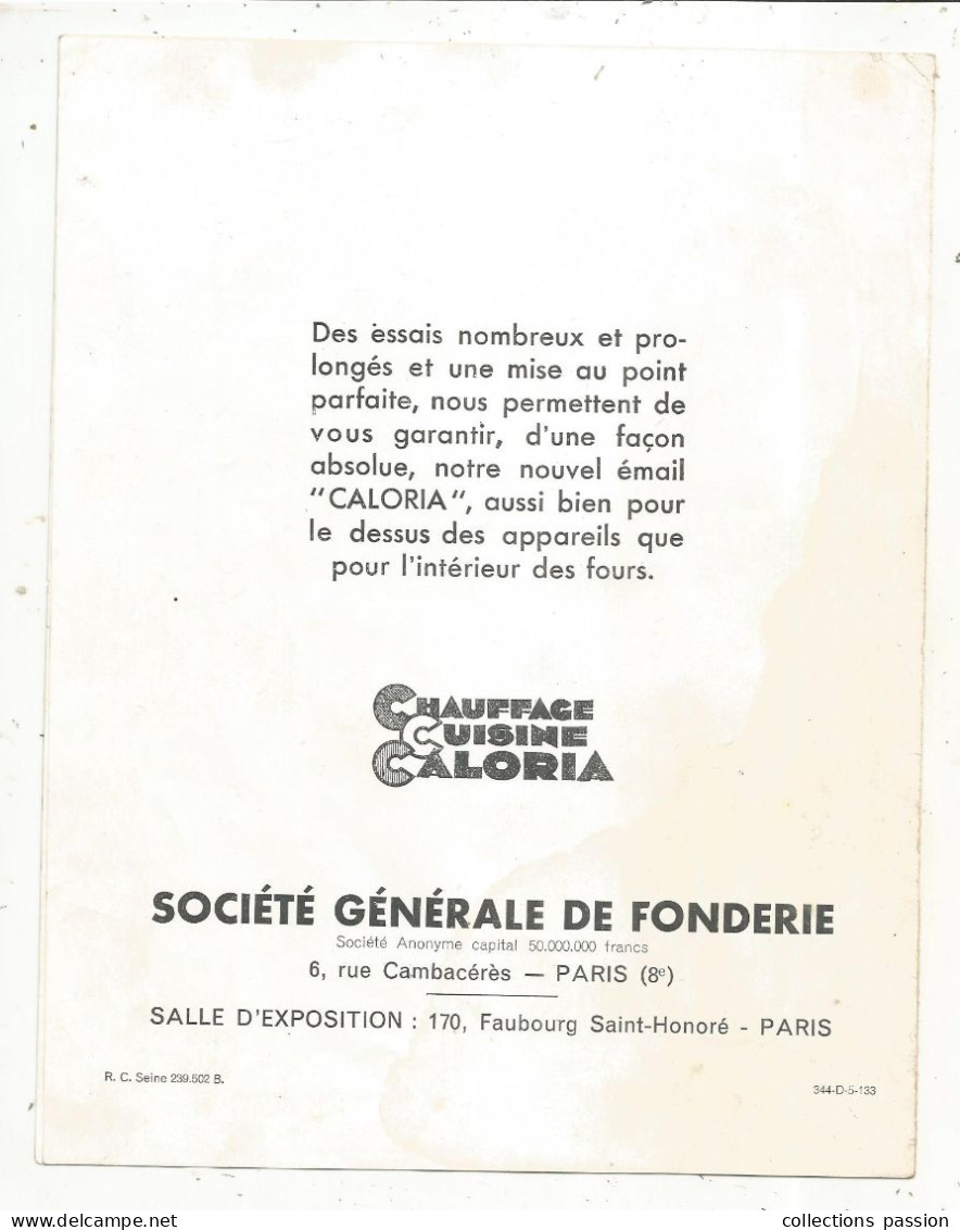 Publicité 4 Pages, Les Cuisinières CALORIA, Société Générale De Fonderie, Paris, 3 Scans, Frais Fr : 1.75 E - Advertising