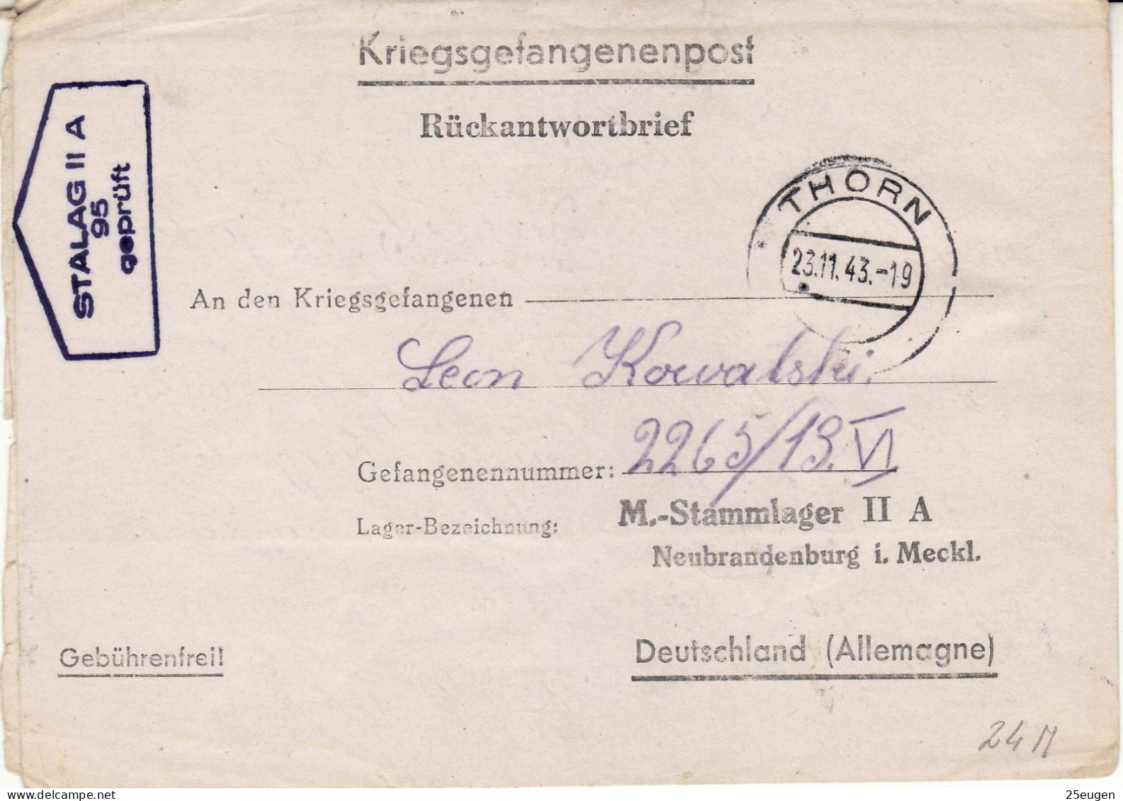 PRISONERS OF WAR MAIL 1940 LETTER SENT FROM TORUŃ  TO STALAG II A - Prisoner Camps