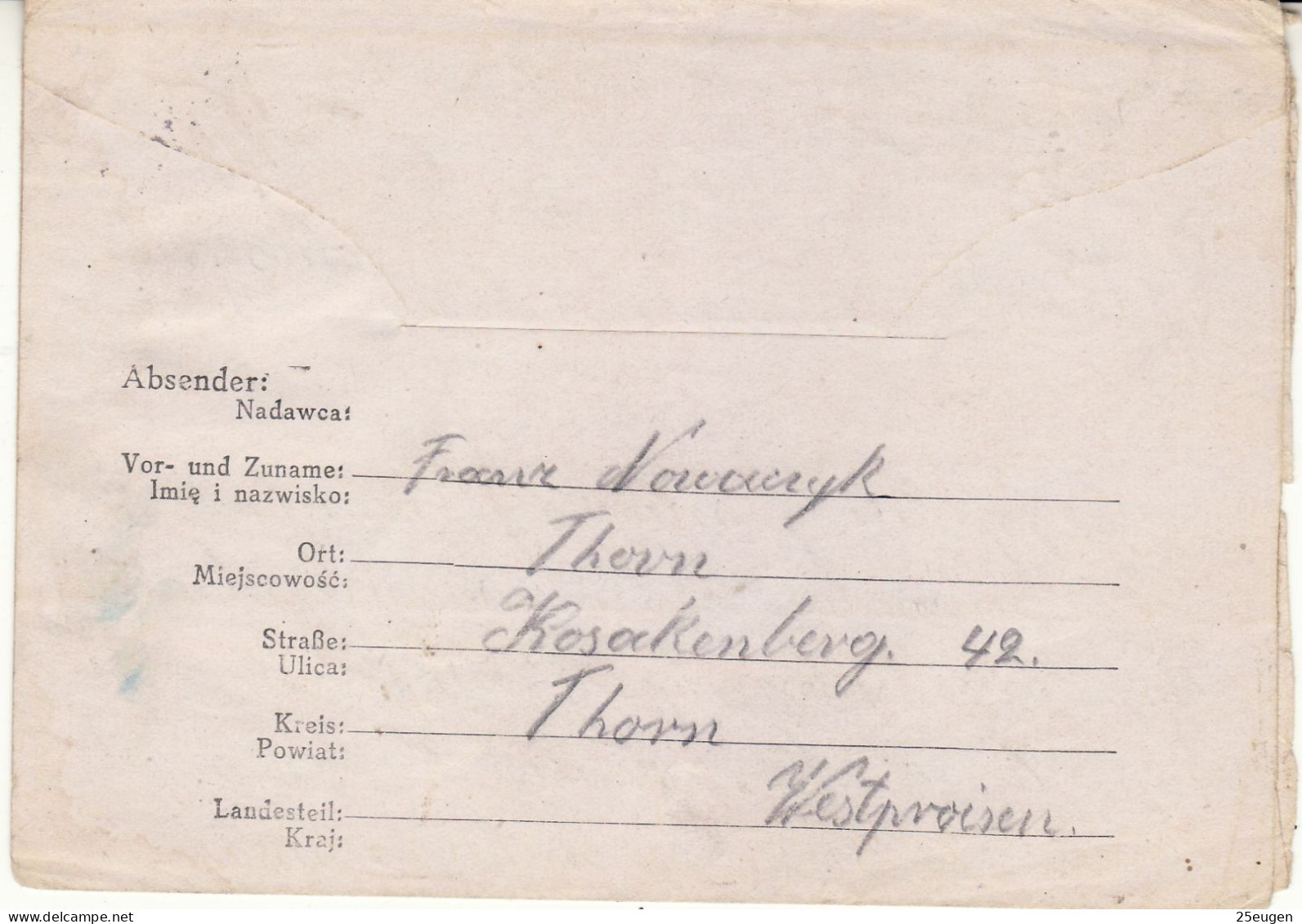 PRISONERS OF WAR MAIL 1940 LETTER SENT FROM TORUŃ  TO STALAG II A - Prisoner Camps