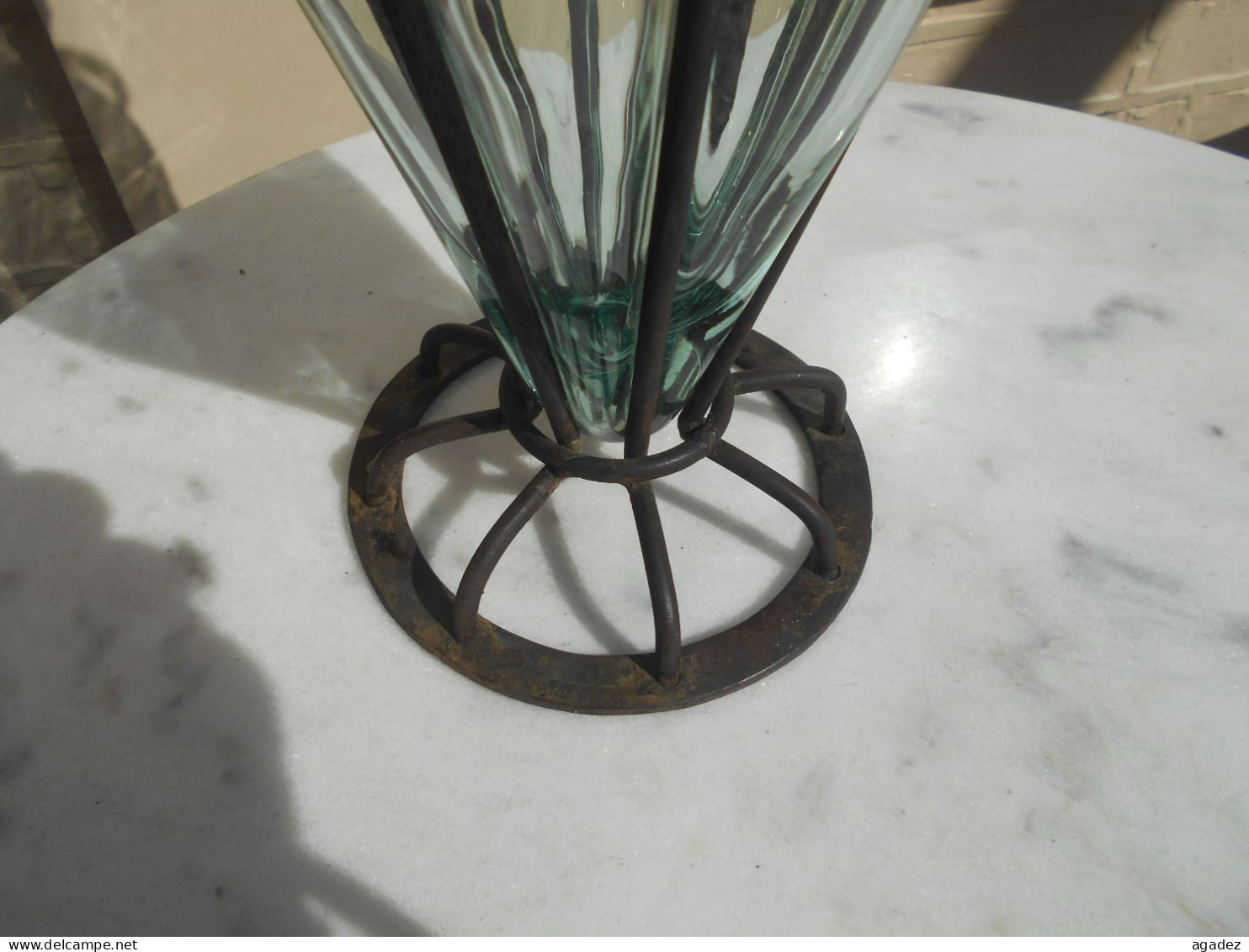 Ancien Vase Bougeoir Art Deco Verre Et Fer Forgé - Candelabri E Candelieri