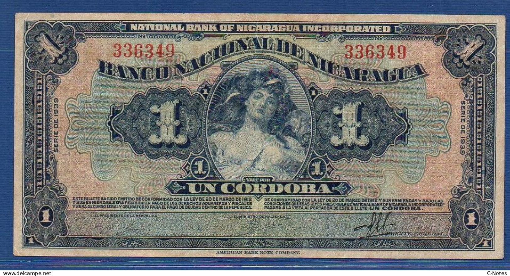 NICARAGUA - P. 63b – 1 Córdoba  1939 CIRCULATED - AVF, S/n 336349 - Nicaragua