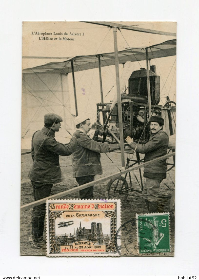 !!! CPA DU MEETING DE BETHENY DE 1909 AVEC VIGNETTE GRANDE SEMAINE D'AVIATION DE CHAMPAGNE ET CACHET SPECIAL - Aviation