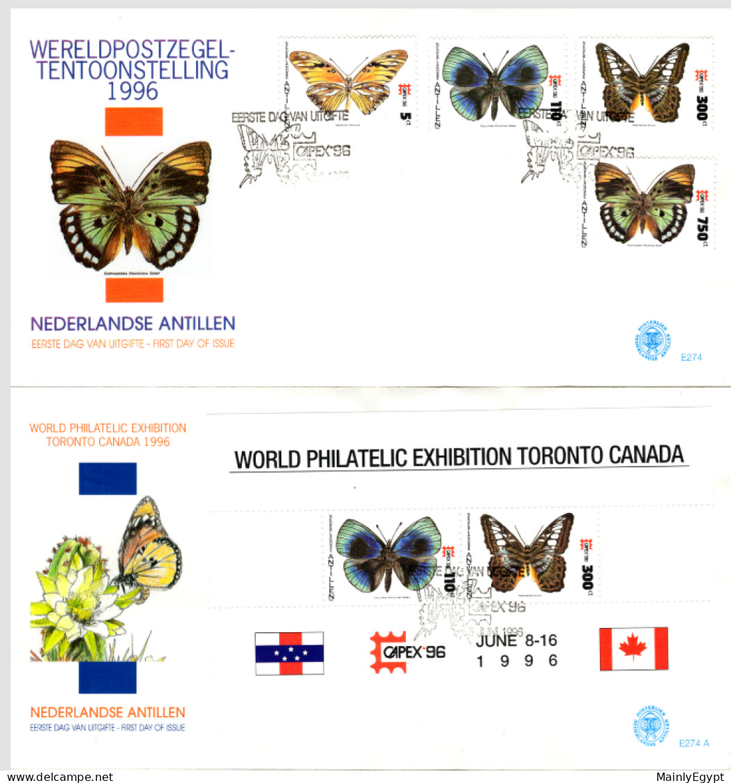 NETHERLANDS ANTILLES: 1996 - 2 FDCs - Butterflies And World Poststamp Exhibition + Sheetlet (E274/a) - Curaçao, Nederlandse Antillen, Aruba