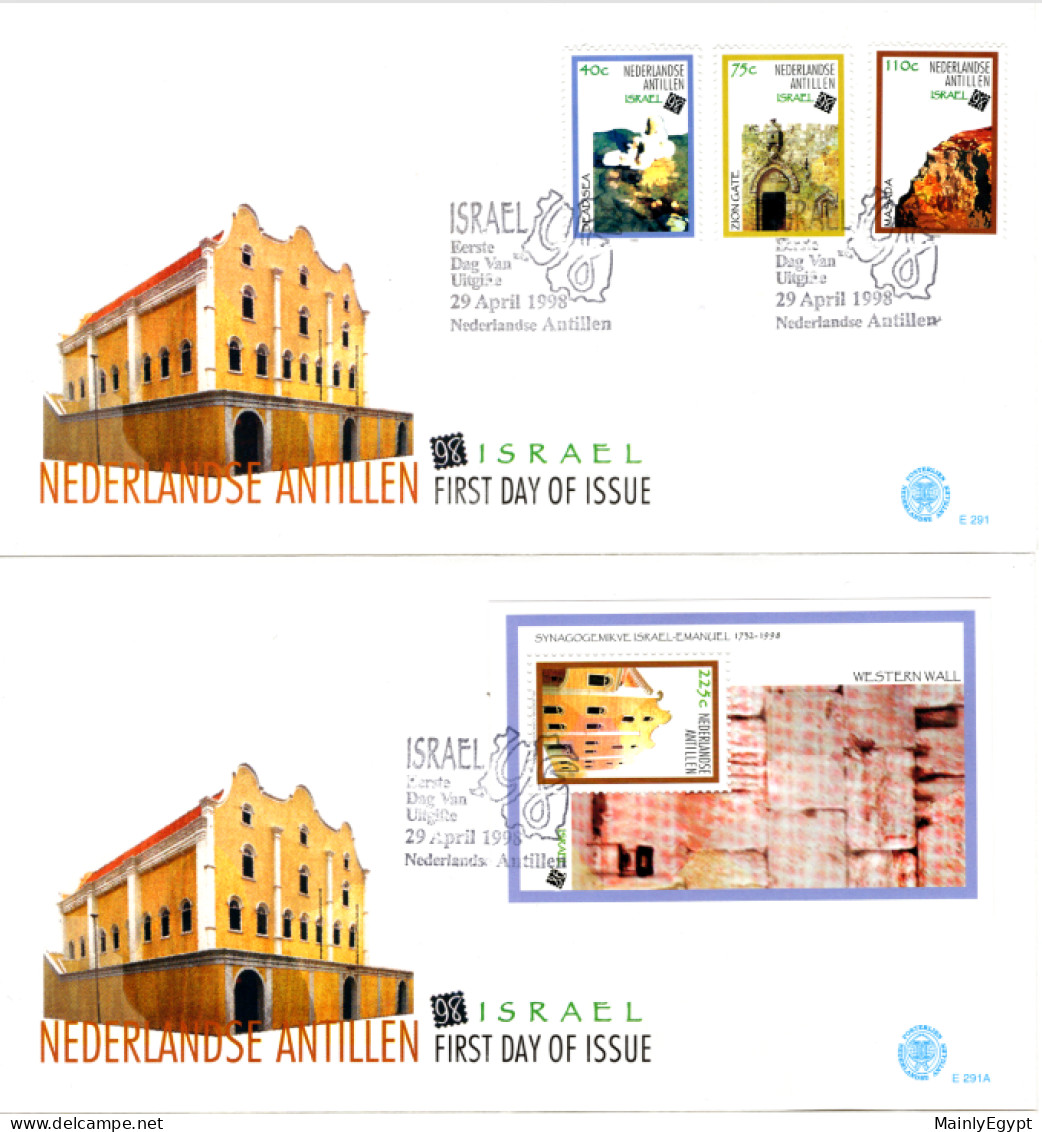 NETHERLANDS ANTILLES: 1998 2 FDCs - World Post Exhibition; Dead Sea, Sion's Gate, Masada + Sheetlet Judaica  (E291/a) - Curaçao, Nederlandse Antillen, Aruba