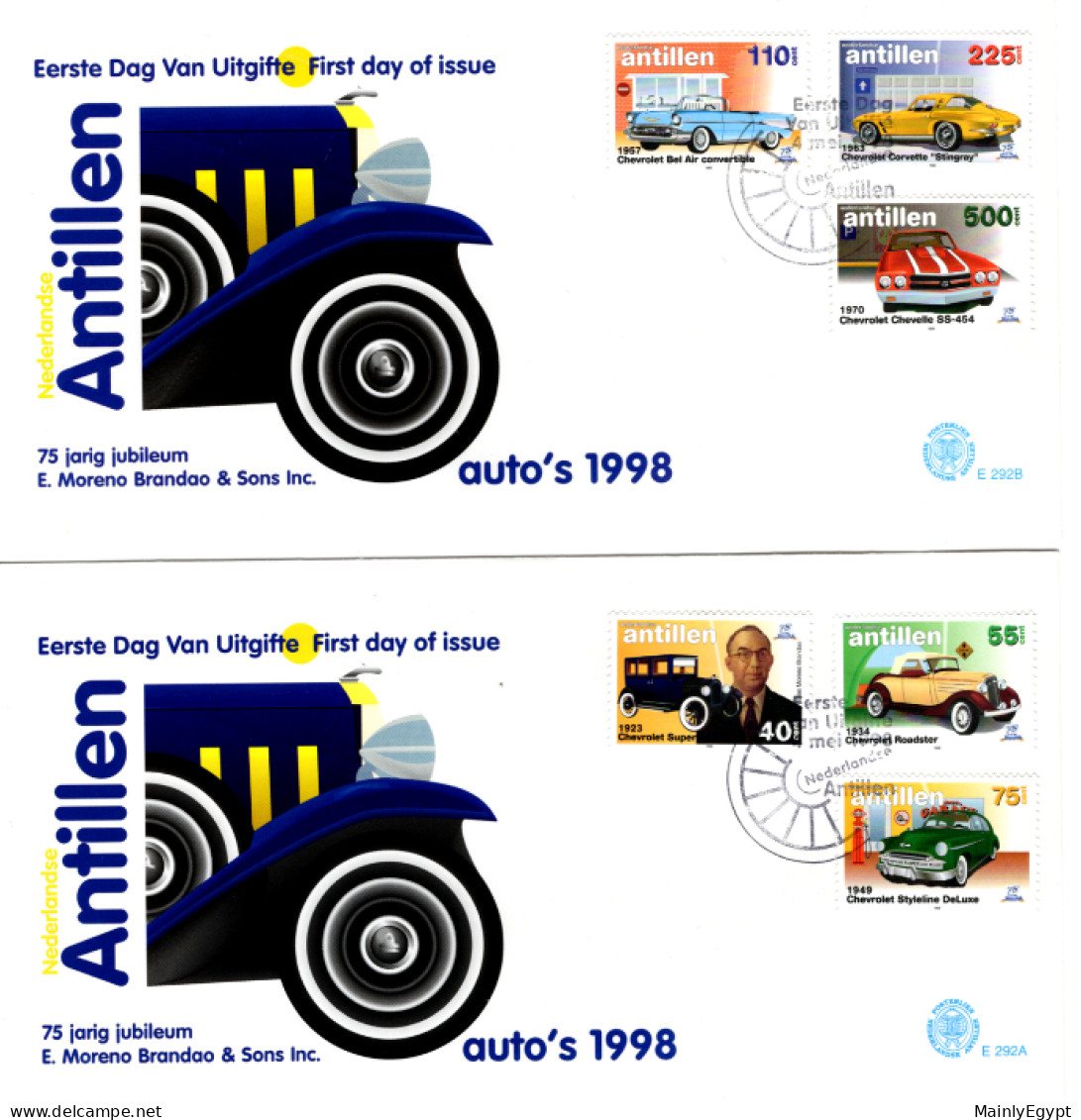 NETHERLANDS ANTILLES: 1998 2 FDCs- Vintage Cars (E292a/b) - Curaçao, Nederlandse Antillen, Aruba