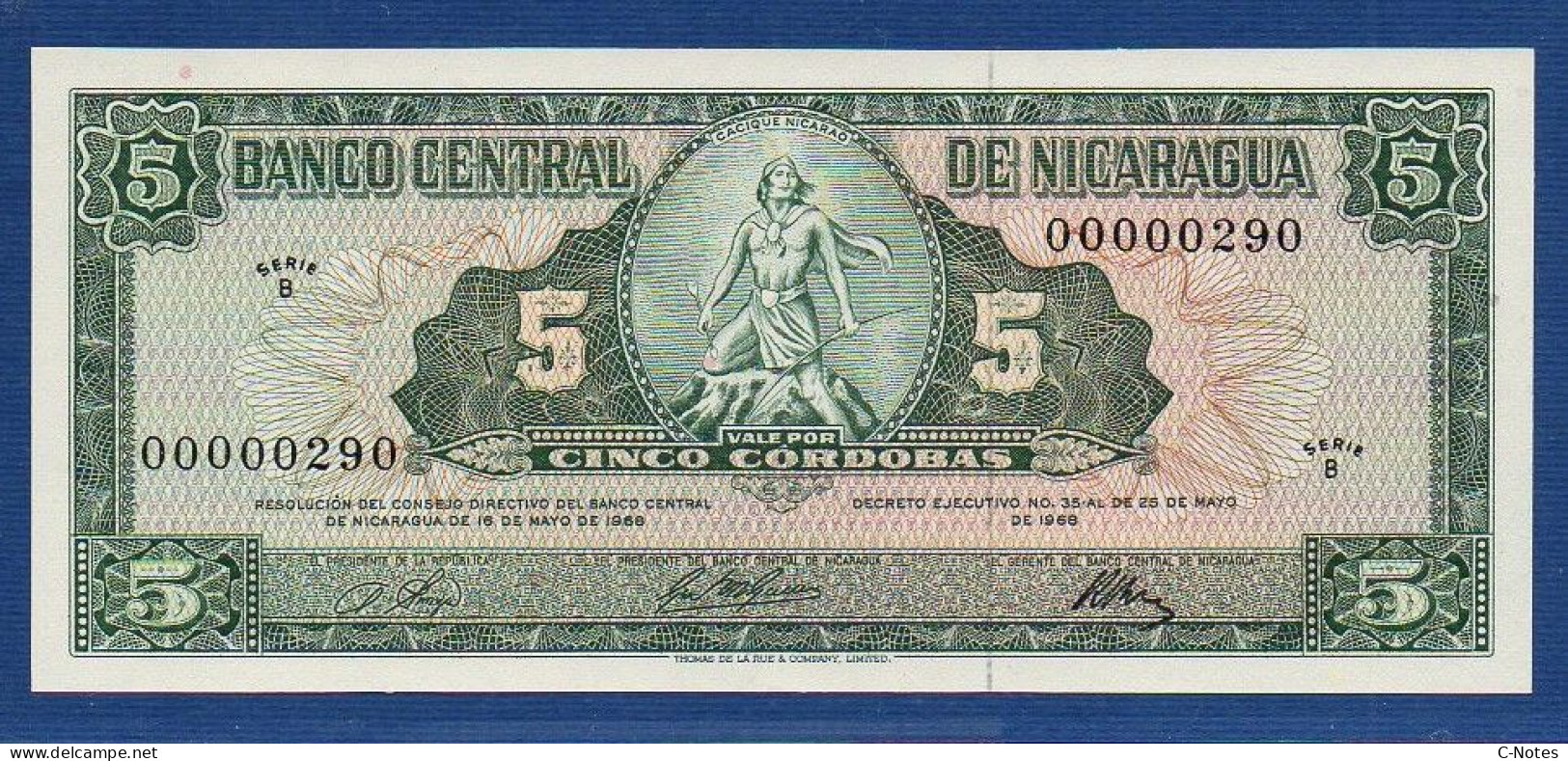 NICARAGUA - P.116 – 5 Córdobas 1968 UNC, S/n B 00000290 Very LOW Serial Number - Nicaragua
