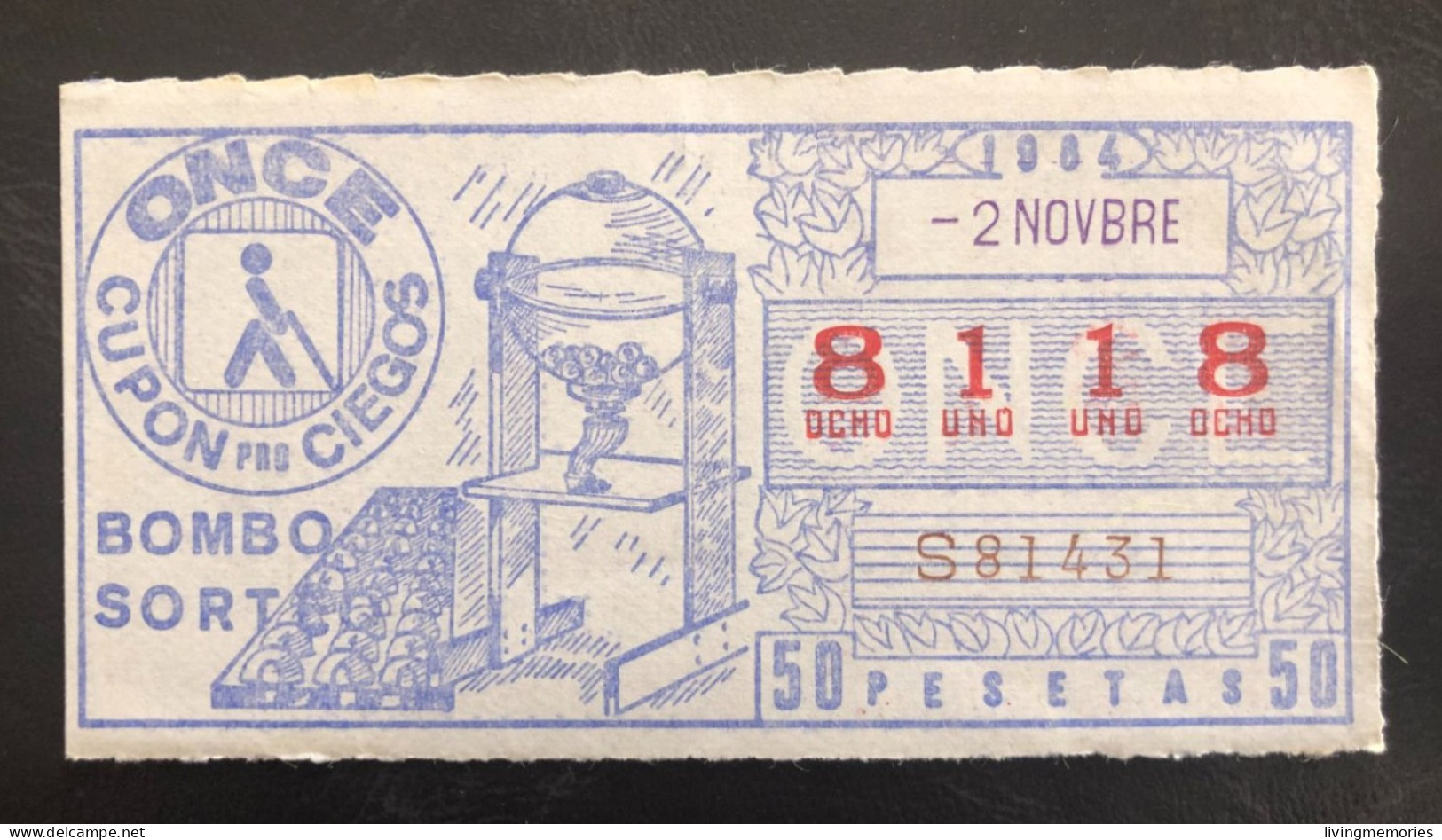 SUB 115A,  CAPICUA Lottery Ticket, Spain, ONCE, « Bombo Sorte », # 8118, 1984 - Billetes De Lotería