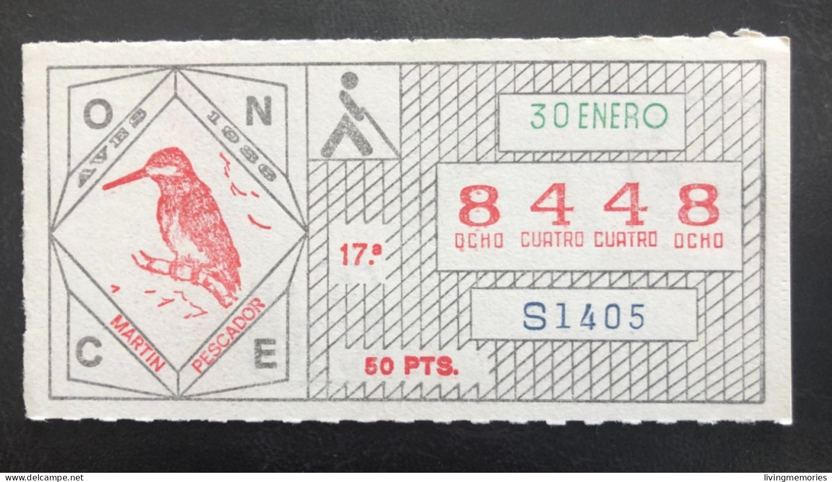 SUB 115A,  CAPICUA Lottery Ticket, Spain, ONCE, « AVES », «Martin Pescador», « BIRDS », « OISEAUX », # 8448, 1986 - Billetes De Lotería