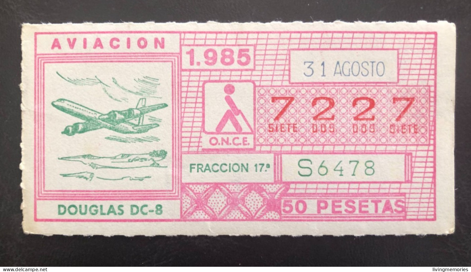 SUB 115A,  CAPICUA Lottery Ticket, Spain, ONCE, « AVIACION », « AVIATION », « Douglas DC - 8 », # 7227, 1985 - Billetes De Lotería