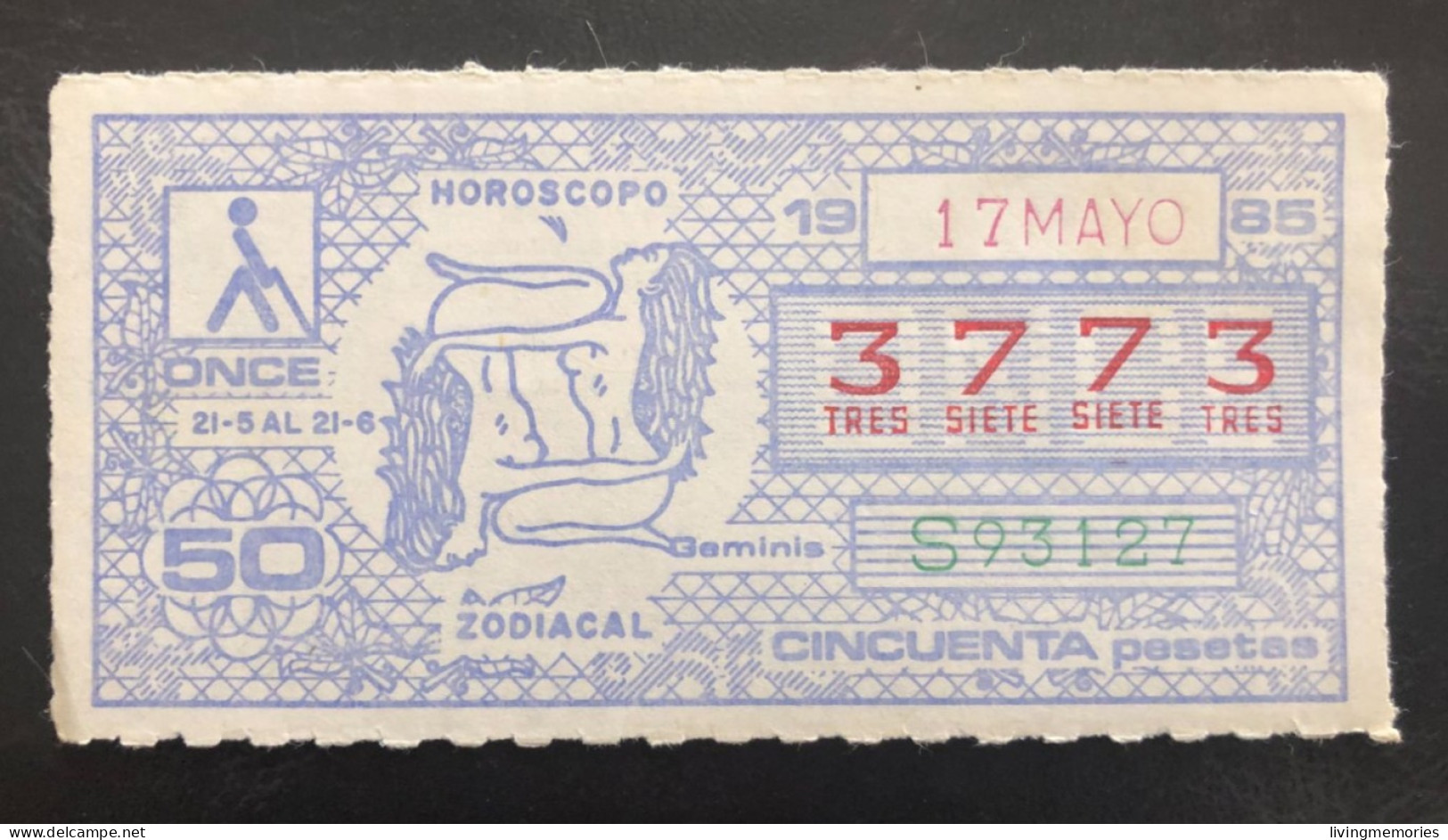 SUB 115A,  CAPICUA Lottery Ticket, Spain, ONCE, « Horoscopo Zodiacal », « Geminis », # 3773, 1985 - Billetes De Lotería