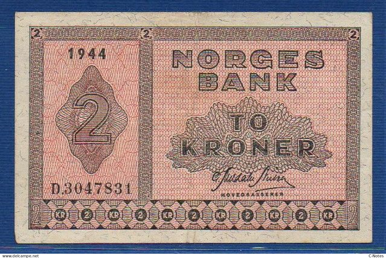 NORWAY - P.16a1 – 2 Kroner 1944 VF/XF, S/n D.3047831 - Norway