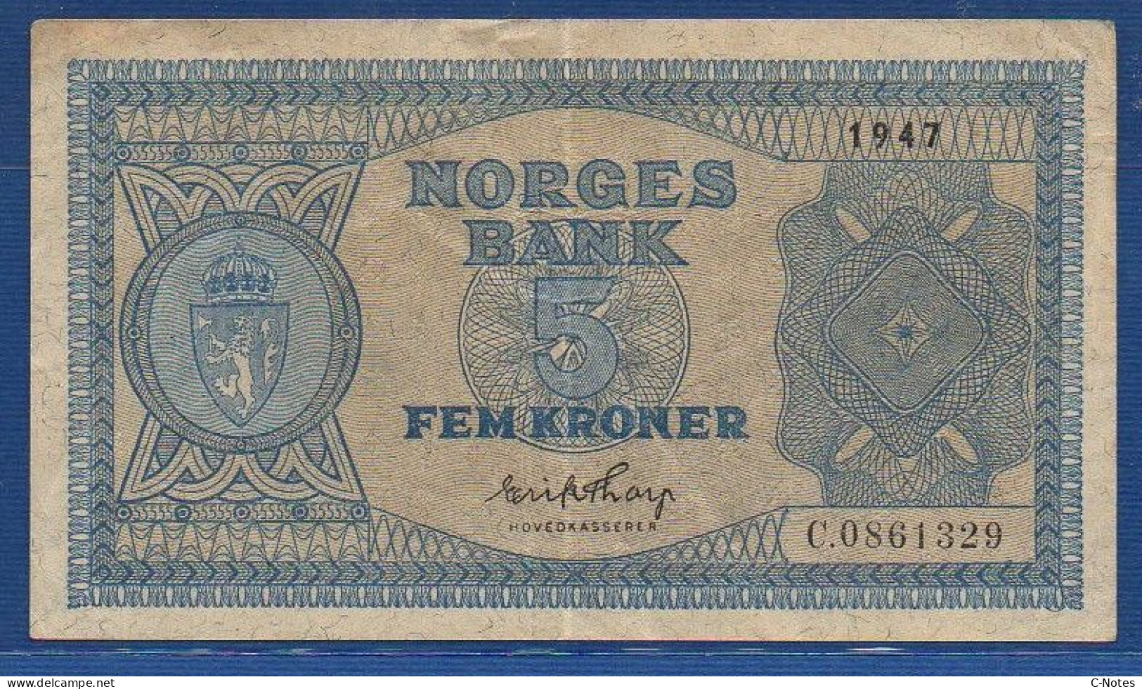NORWAY - P.25b – 5 Kroner 1947 VF, S/n C.0861329 - Norway