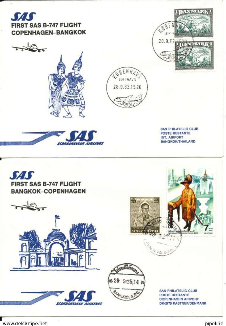 Denmark - Thailand SAS First B-747 Flight Copenhagen - Bangkok 28-9-1982 And Return 29-9-1982 2 Covers - Lettres & Documents