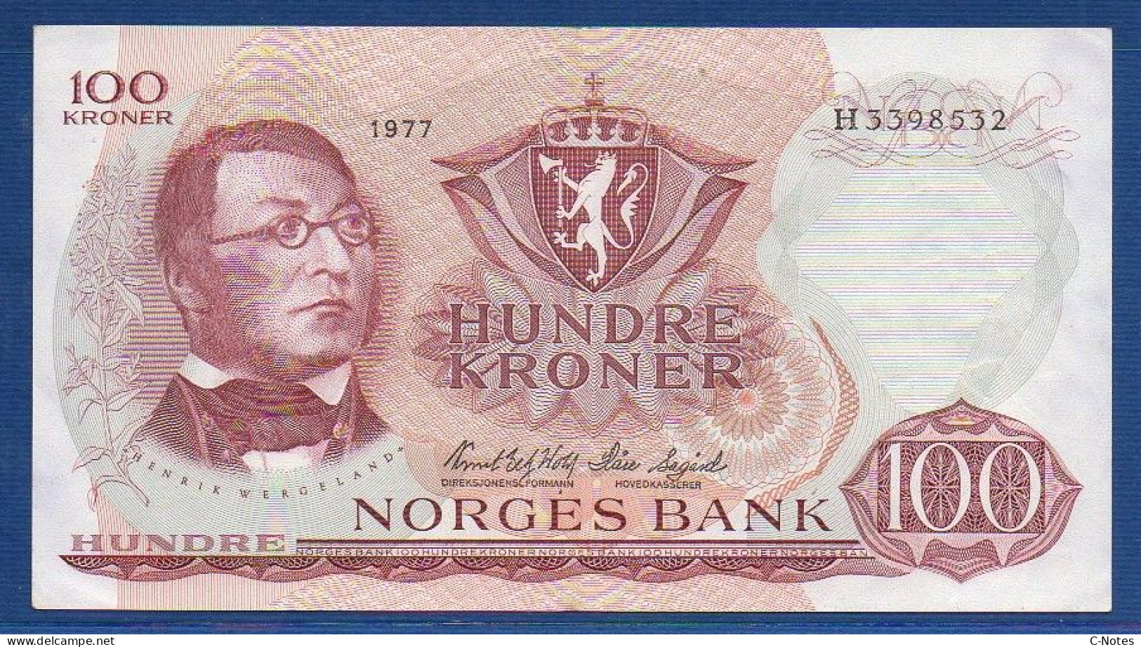 NORWAY - P.38h – 100 Kroner 1977 XF+, S/n H3398532 - Norway