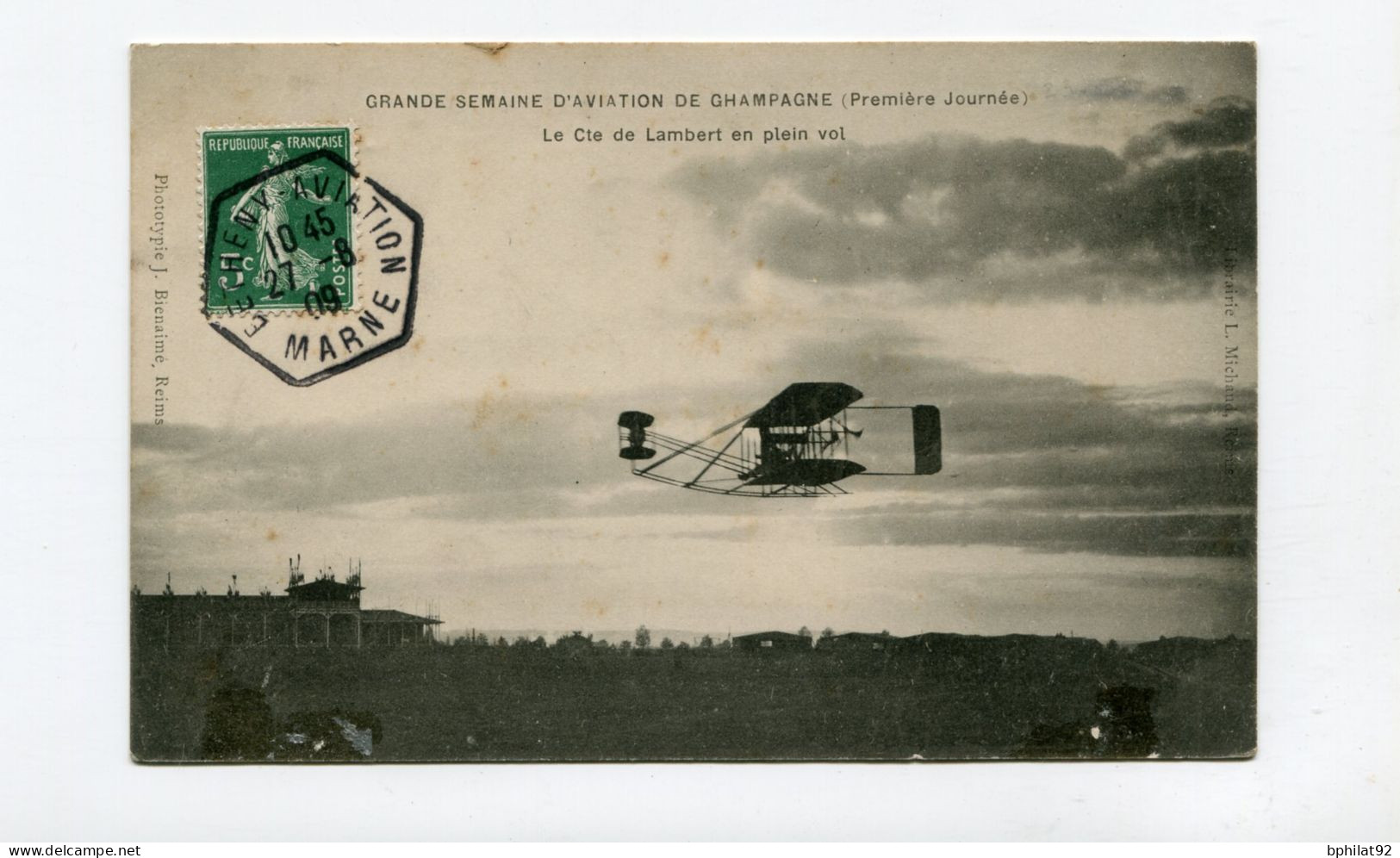 !!! MEETING DE BETHENY DE 1909, CPA DU COMTE DE LAMBERT EN PLEIN VOL, CACHET SPECIAL - Luchtvaart